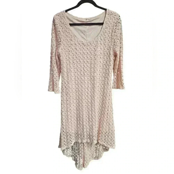 AUW Full Crochet Light Pink Lined Dress Dainty Boho High Low Hem Womens XL - Picture 1 of 13